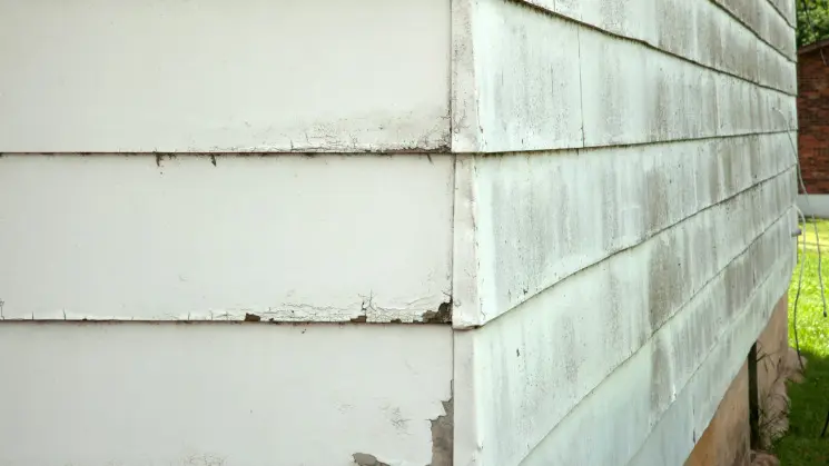Water damage on white siding that is causing pealing, warping, and stains.